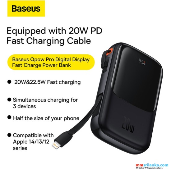 Baseus Qpow Pro 10000mAh 20W Lighting Cable Digital Display Fast Charge Power Bank Black